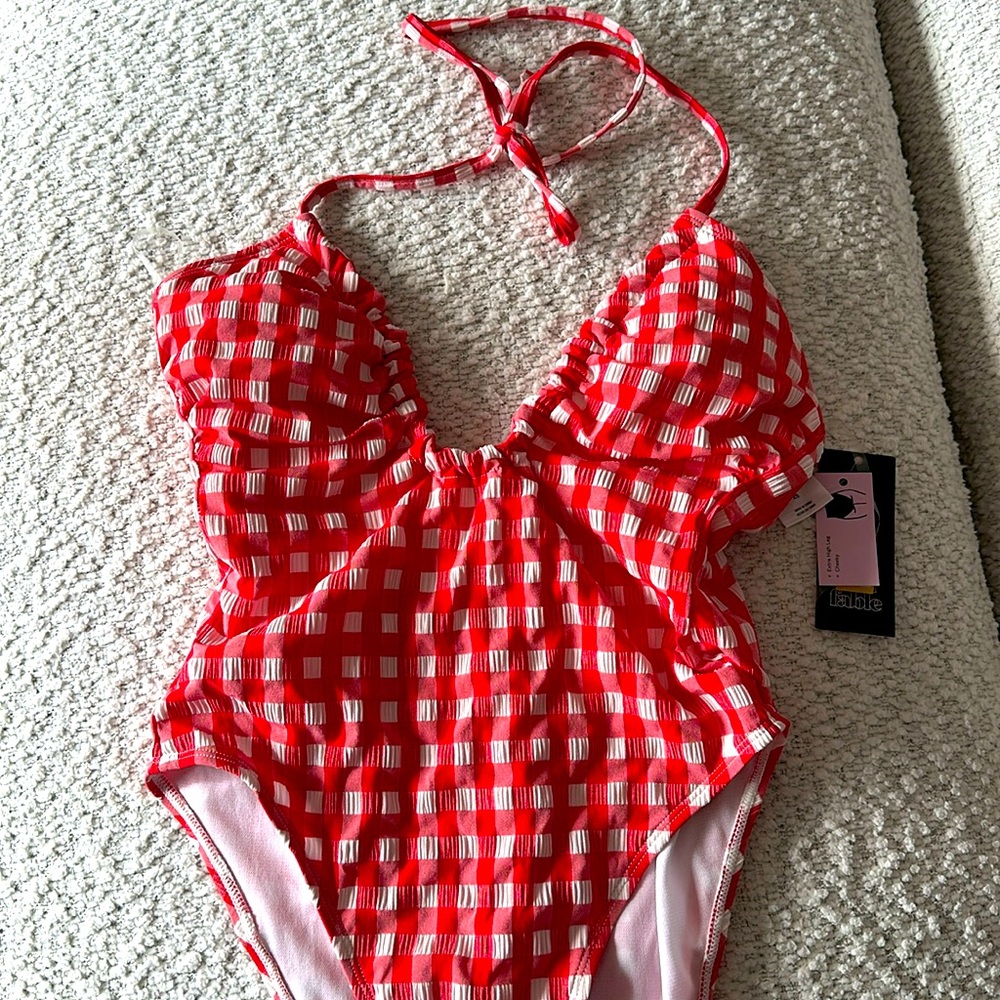 NWT Fable XS swimsuit high cut.  Halter adjustable neck tie.  Red and white